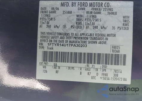2007 Ford Ranger Sport/Stx/Xl/Xlt from USA, damaged, VIN 1FTYR14U17PA30203